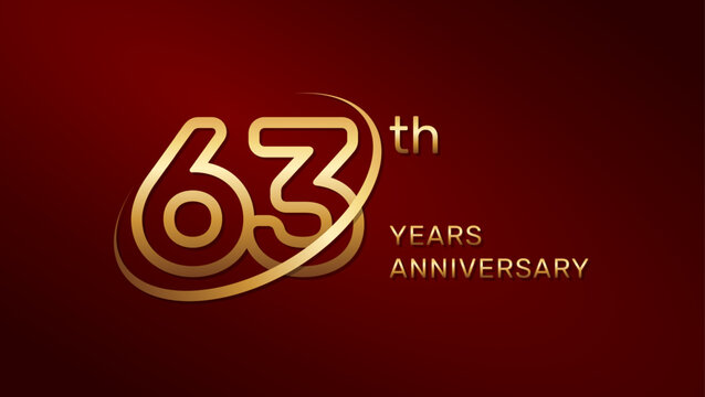 63th anniversary logo design in gold color isolated on a red background, logo vector illustration