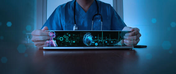 Cardiologist doctor examine by ai foe patient heart functions and blood vessel on virtual computer interface. Medical technology and healthcare treatment to diagnose heart disorder and disease