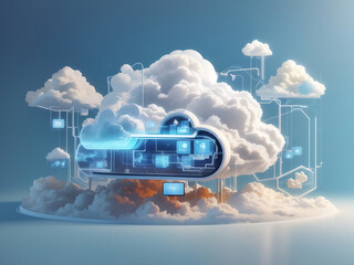 Cloud Infrastructure, 3D unique Cloud computing technology concept Futuristic illustration,  data storage, Abstract cloud computing technology concept, Data cloud server, Cloud technology, conceptual