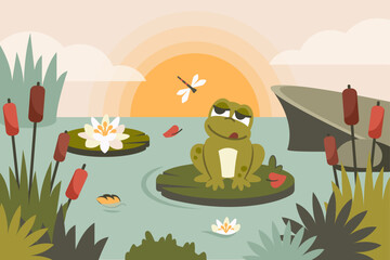 Nature background with frogs, foliage, reed, rocks, lotus, flying insects, wildlife. Cute toads siiting on leaf in pond. Cartoon character face. Clipart. Nature background. Vector flat illustration