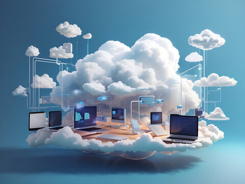 Cloud Infrastructure, 3D unique Cloud computing technology concept Futuristic illustration,  data storage, Abstract cloud computing technology concept, Data cloud server, Cloud technology, conceptual