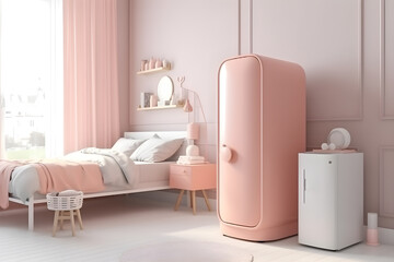 the concept of a mini refrigerator for cosmetics that stands in the bedroom
