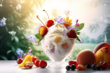 Ice cream decorated with fruits and flowers on the summer background