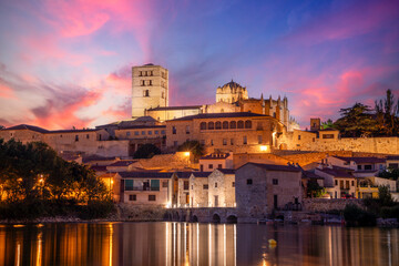 View at dusk of the old town of Zamora, Castilla y Len, Spain, with the cathedral on top and the...