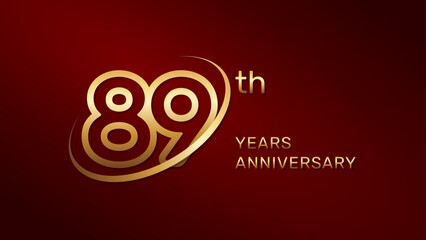 89th anniversary logo design in gold color isolated on a red background, logo vector illustration
