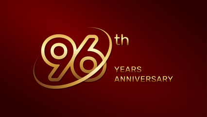 96th anniversary logo design in gold color isolated on a red background, logo vector illustration