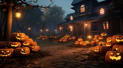 halloween decorated house with pumpkins. 3d rendering Generative AI