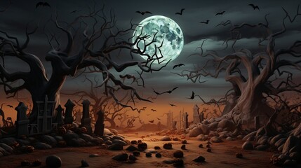 Halloween Grave Tree Background 3d render Generative AI - obrazy, fototapety, plakaty