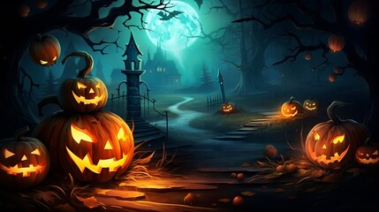 Halloween pumpkin patch in the moonlight. Jack O Lantern party Generative AI