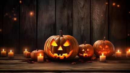 Fototapeta premium Halloween Pumpkin On Wooden Plank With Candles In A Spooky Night Generative AI