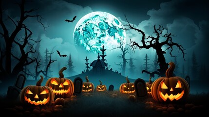 Halloween pumpkins and dark castle on blue Moon background, illustration Generative AI