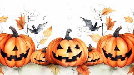 watercolor halloween pumpkin and bats seamless pattern on white background Generative AI
