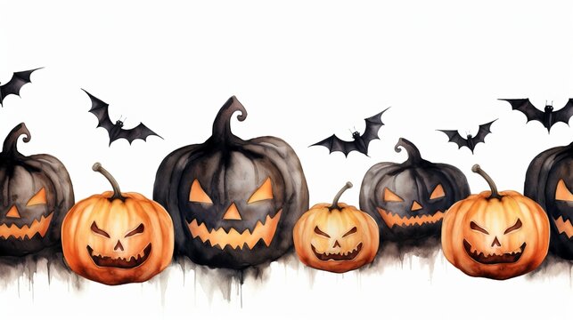 watercolor halloween pumpkin and bats seamless pattern on white background Generative AI