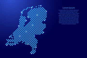 Netherlands map from futuristic blue checkered square grid pattern and glowing stars for banner, poster, greeting card