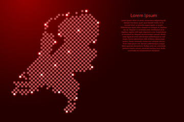 Netherlands map from futuristic red checkered square grid pattern and glowing stars for banner, poster, greeting card
