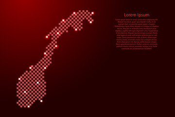 Norway map from futuristic red checkered square grid pattern and glowing stars for banner, poster, greeting card