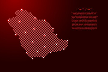 Saudi Arabia map from futuristic red checkered square grid pattern and glowing stars for banner, poster, greeting card
