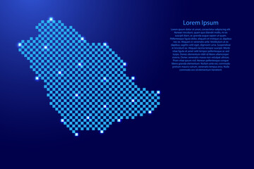Saudi Arabia map from futuristic blue checkered square grid pattern and glowing stars for banner, poster, greeting card
