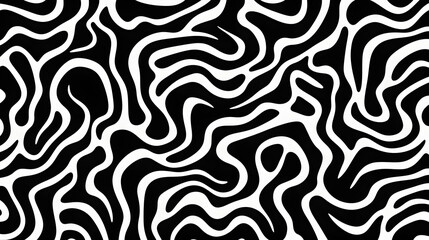 Fototapeta Wavy and swirled brush strokes vector seamless pattern. Bold curved lines and squiggles ornament. Seamless horizontal banner with doodle bold lines. Black and white wallpaper. obraz