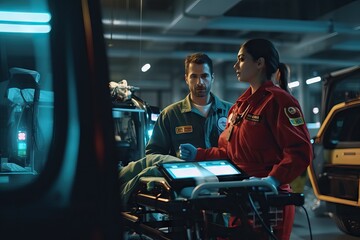 man and woman emergencies ambulance workers in action