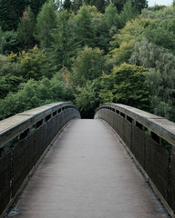 Fototapeta na wymiar Footbridge into the woods in Pitlochry, Scotland