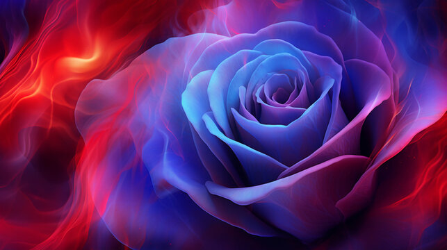 Illustration d'une rose bleu, violette et rose dans un style futuriste. Fleur, plante, nature. Image pour conception et création graphique