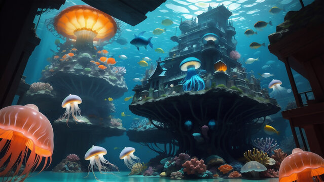 Illustration of a beautiful underwater city, submerged at the bottom of the blue ocean, surrounded by corals and small fish, bright and defined colors