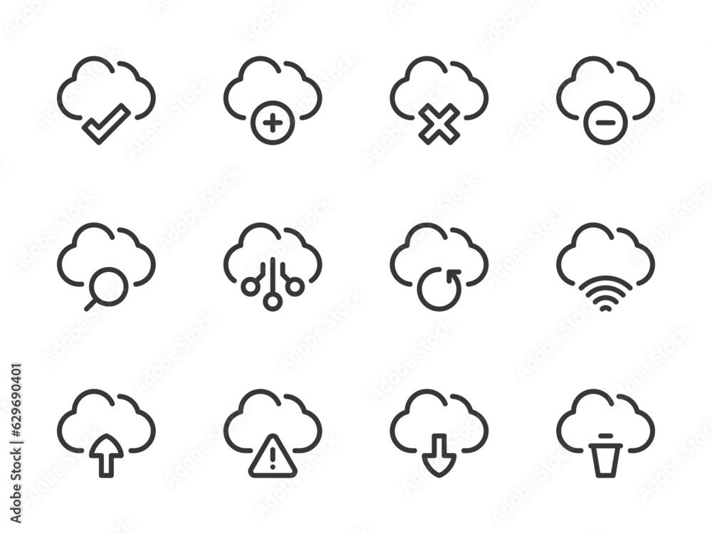 Poster cloud computing services vector line icons. online storage preferences outline icon set. cloud data 