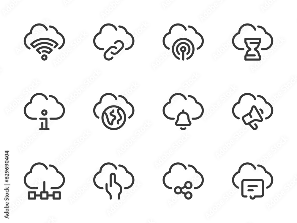 Poster cloud computing services and configurations vector line icons. online storage preferences outline ic