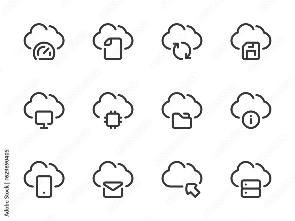Poster cloud computing services and configurations vector line icons. online storage preferences outline ic