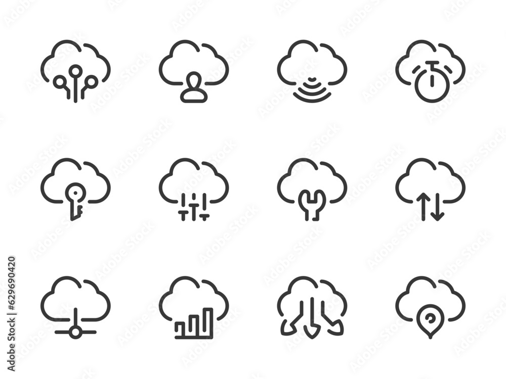 Poster cloud computing services and configurations vector line icons. online storage preferences outline ic