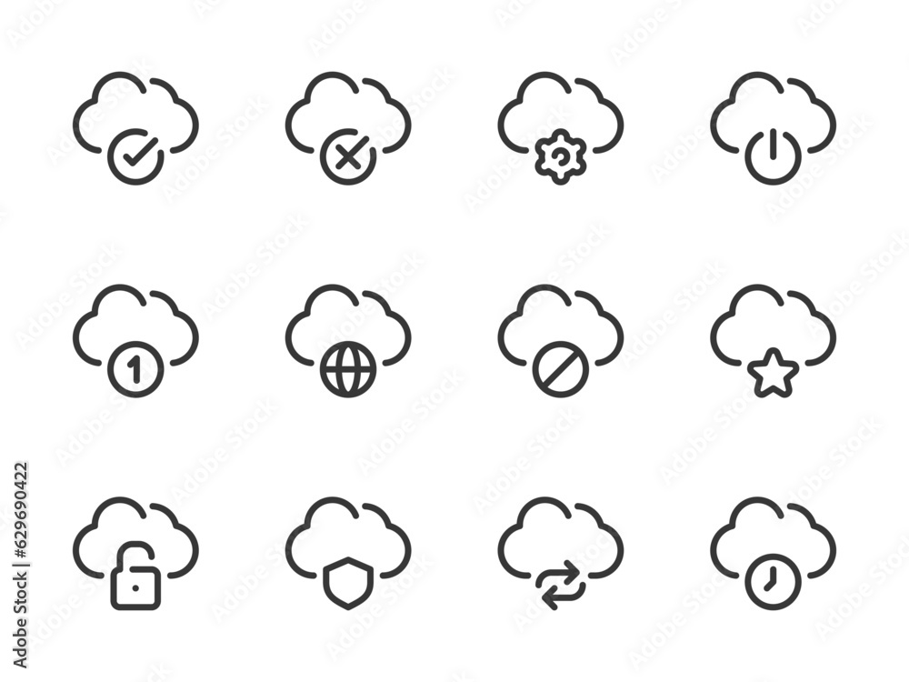 Poster cloud computing services and configurations vector line icons. online storage preferences outline ic