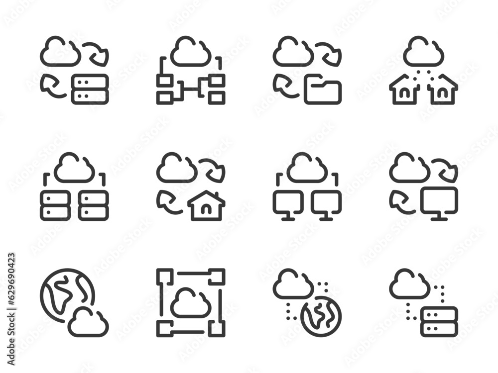 Poster cloud computing connection vector line icons. data transfer and online storage preferences outline i