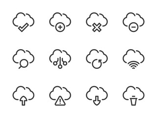 Cloud computing services vector line icons. Online storage preferences outline icon set. Cloud Data Backup, Wireless Connection, Check, Warning Notification, Search and more.