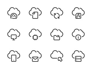 Cloud Computing Services and Configurations vector line icons. Online Storage Preferences outline icon set. Cloud File Management, Data Transfer, Performance, Information, Save and more.