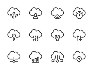 Cloud Computing Services and Configurations vector line icons. Online Storage Preferences outline icon set. Cloud Connection, Hosting, Report, Access, Profile, Timer and more.