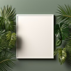 Mockup frame, Against a vibrant wallpaper pattern of tropical green leaves, a wooden frame layout adds a contrasting touch of warmth. Generative AI