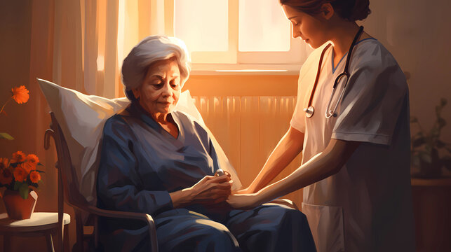 Young Nurse Assisting A Old Lady In A Nursing Home, Elderly Patient Care Concept Illustration