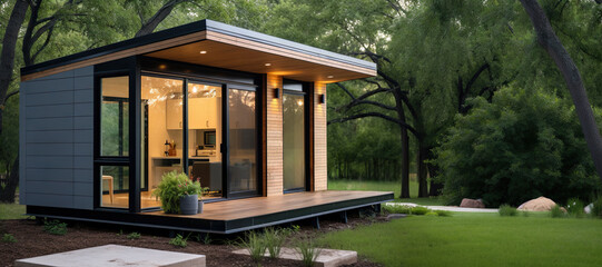 A tiny modern house made of wood and steel in a forest, exterior view. Generative ai and digital editing.