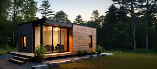 A tiny modern house made of wood and steel in a forest, exterior view. Generative ai and digital editing. - obrazy, fototapety, plakaty