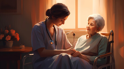 Fototapeta premium young nurse assisting a old lady in a nursing home, elderly patient care concept illustration