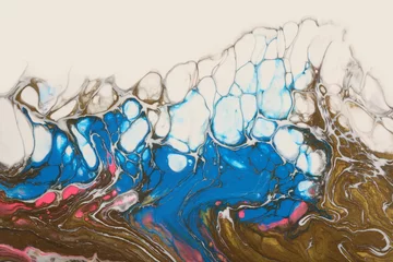 Schilderijen op glas Art Abstract flow pour acrylic, ink and watercolor marble painting. Blue and beige Color wave texture blots background. © Liliia
