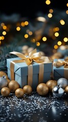 Christmas banner with decorations and gift boxes. Generative AI