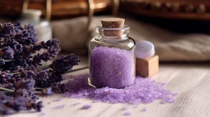 Fototapeta na wymiar Lavender Bath Salt and Massage Oil in Minimalist Packaging. AI generated