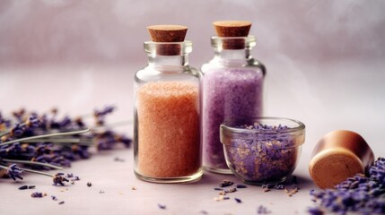 Fototapeta na wymiar Aromatherapy Lavender Bath Salt and Massage Oil. AI generated