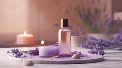 Fototapeta na wymiar Contemporary Spa Scene with Lavender Bath Salt and Massage Oil. AI generated