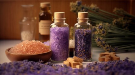 Obraz na płótnie Canvas Aromatherapy Lavender Bath Salt and Massage Oil. AI generated