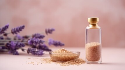 Obraz na płótnie Canvas Arrangement of Lavender Bath Salt and Massage Oil. AI generated