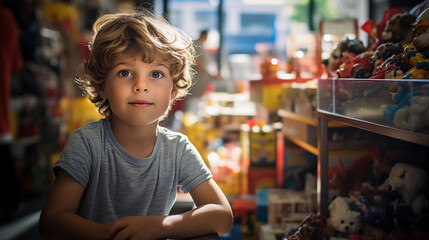 Young boy in a toy store with beautiful day light