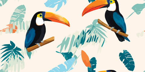 Modern exotic jungle pattern with toucan bird. Creative collage contemporary seamless pattern. Fashionable template for design